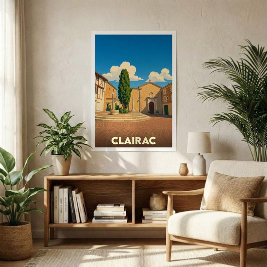 Affiche souvenir de la ville de Clairac présentant une illustration stylisée d'une place ensoleillée.