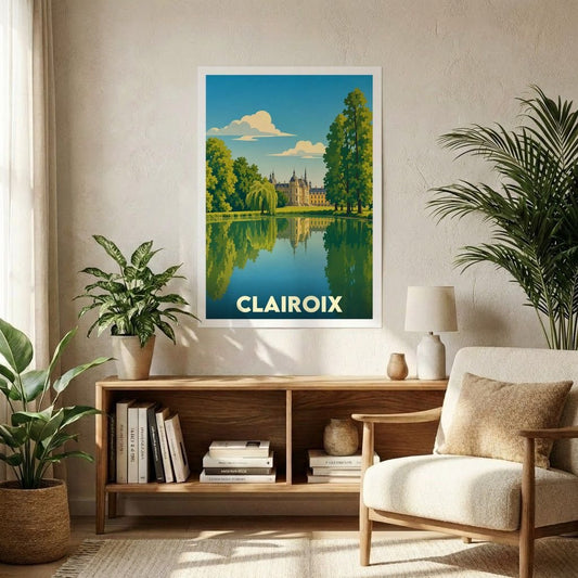 Affiche souvenir de la ville de Clairoix avec une illustration stylisée d'un château se reflétant dans l'eau.