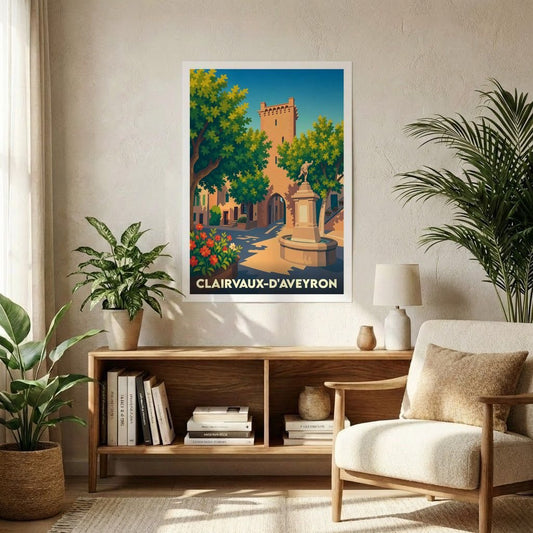 Affiche souvenir de la ville de Clairvaux-d'Aveyron avec une illustration stylisée d'une place ensoleillée et de sa tour médiévale.