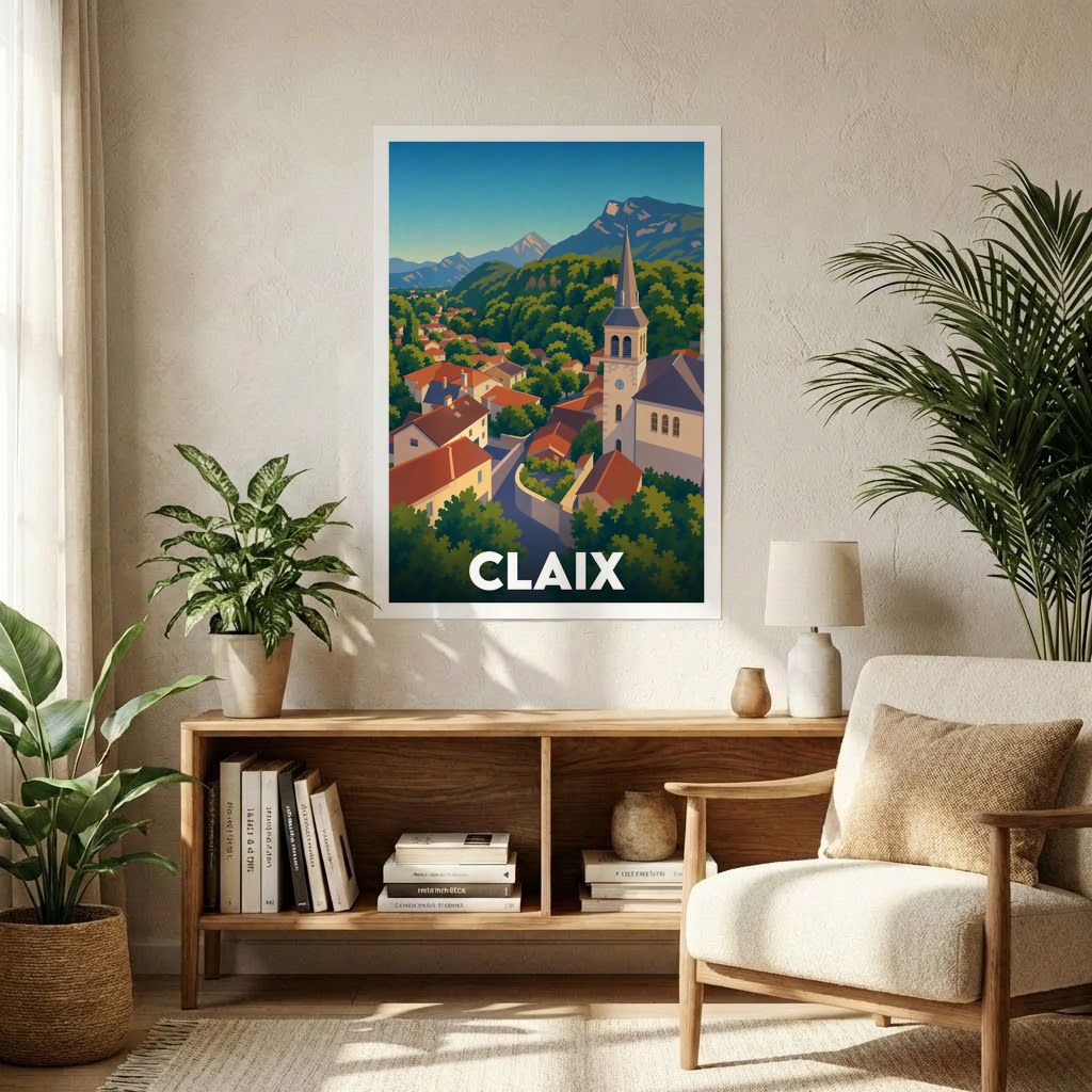 Affiche souvenir de la ville de Claix avec une illustration stylisée.