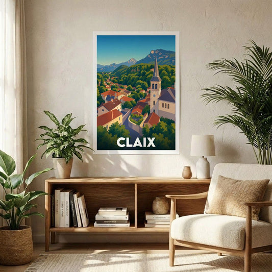 Affiche souvenir de la ville de Claix avec une illustration stylisée.