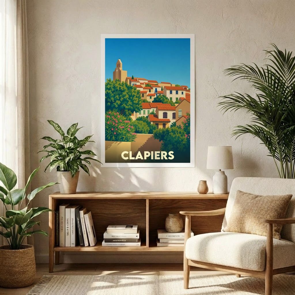 Affiche souvenir de la ville de Clapiers avec une illustration stylisée d'un village méditerranéen.
