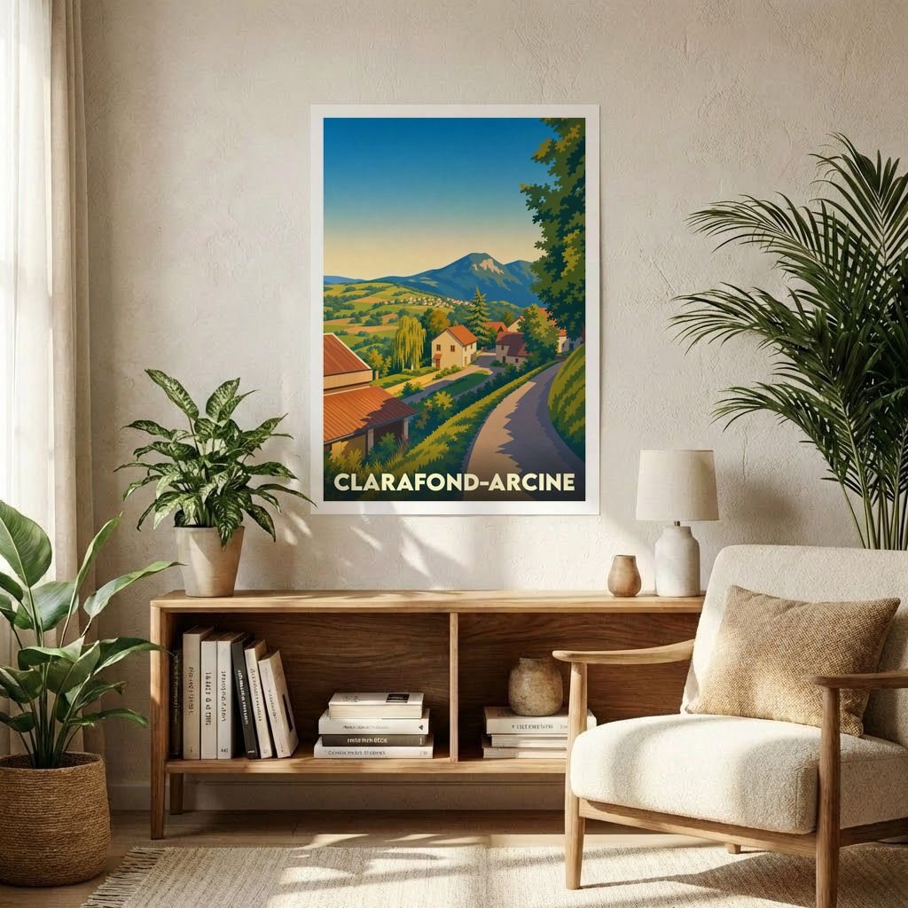 Affiche souvenir de la ville de Clarafond-Arcine avec une illustration stylisée de paysages montagneux.