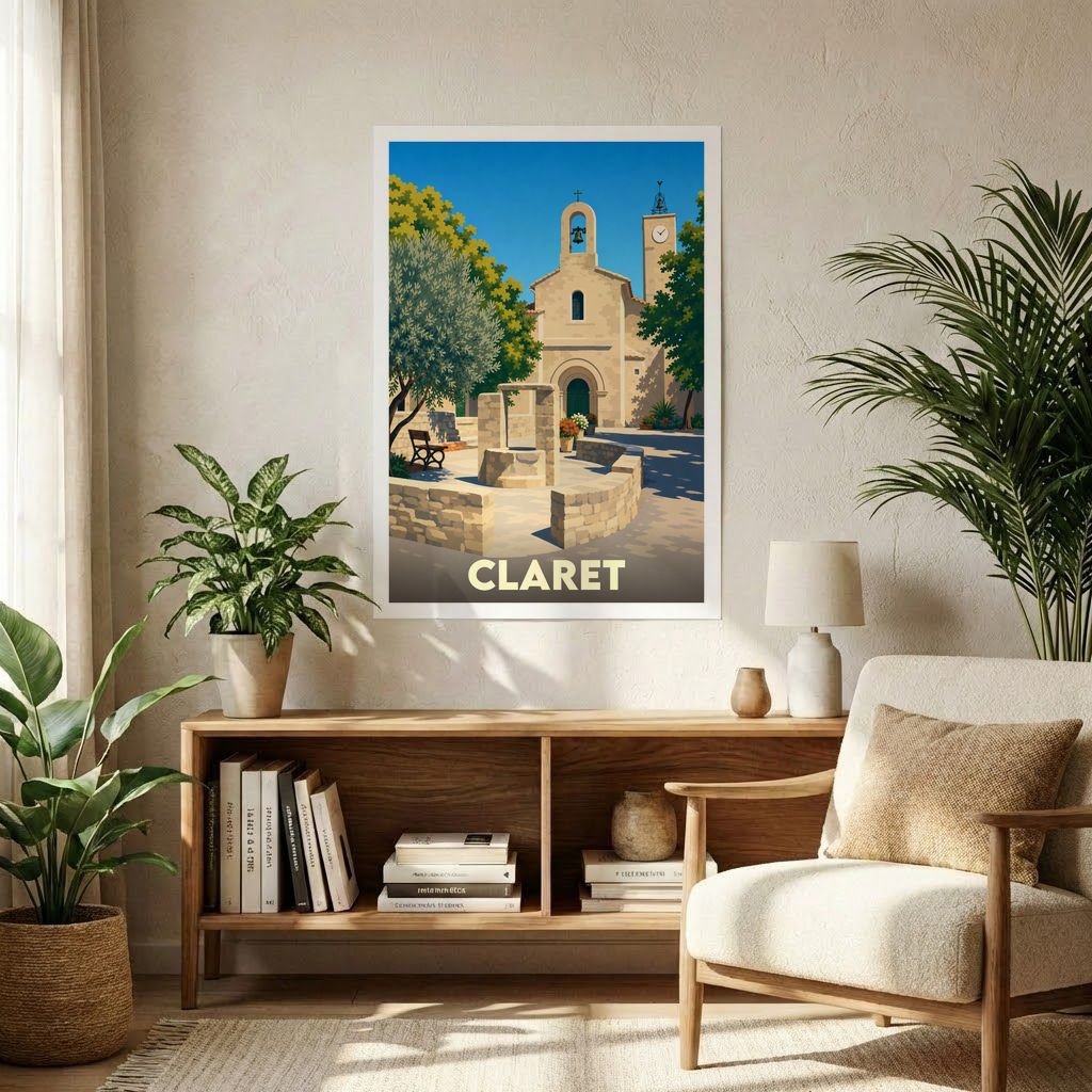 Affiche souvenir de la ville de Claret représentant une illustration stylisée de son église et de sa place centrale.