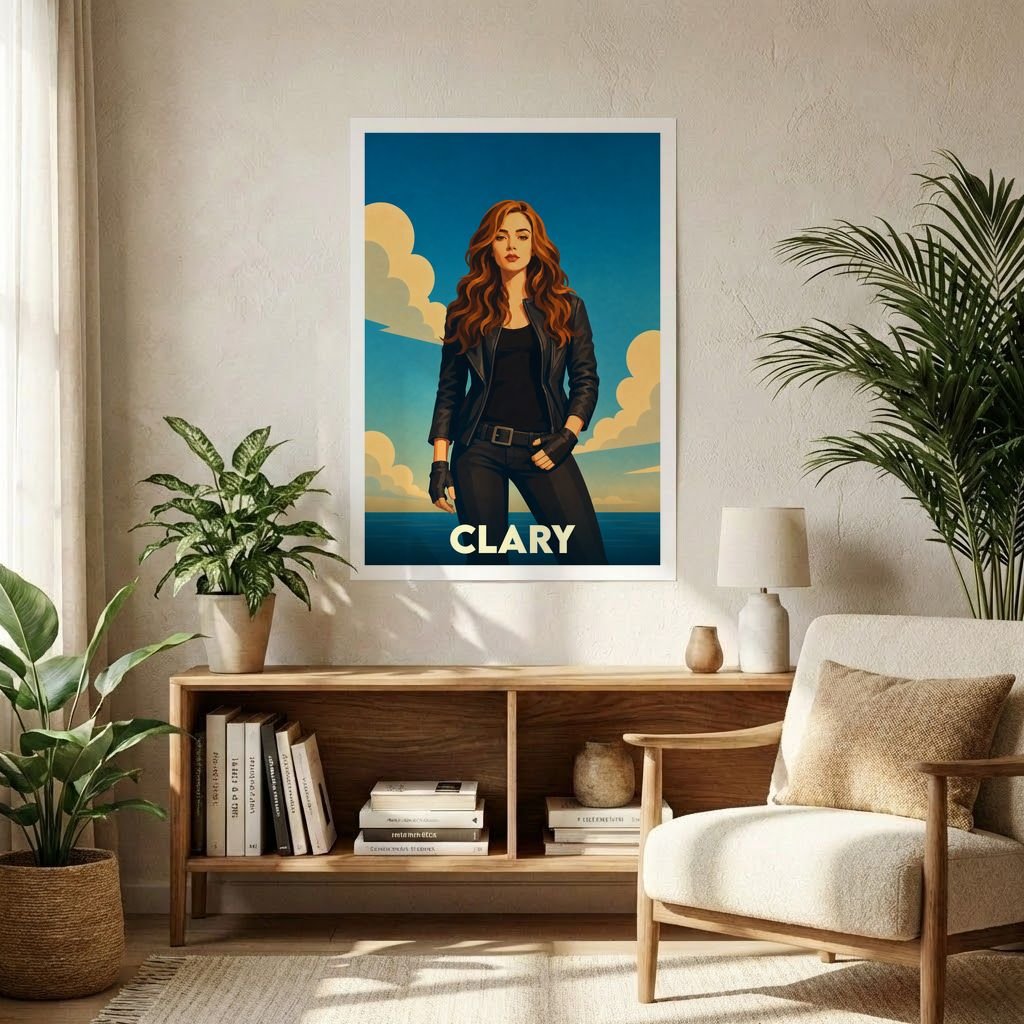 Affiche souvenir de la ville de Clary avec une illustration stylisée d'une femme en blouson de cuir sur fond côtier.
