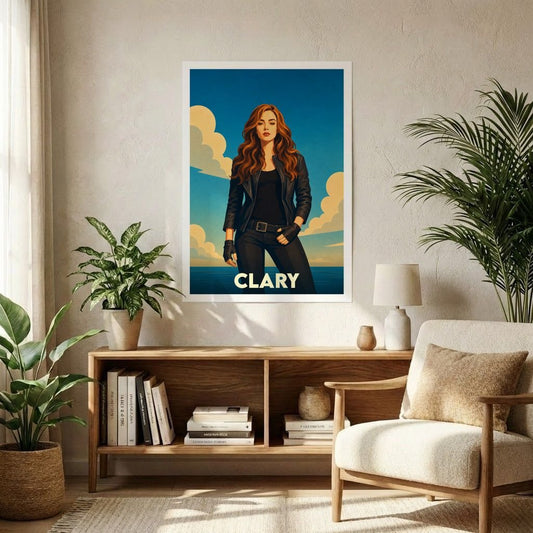 Affiche souvenir de la ville de Clary avec une illustration stylisée d'une femme en blouson de cuir sur fond côtier.