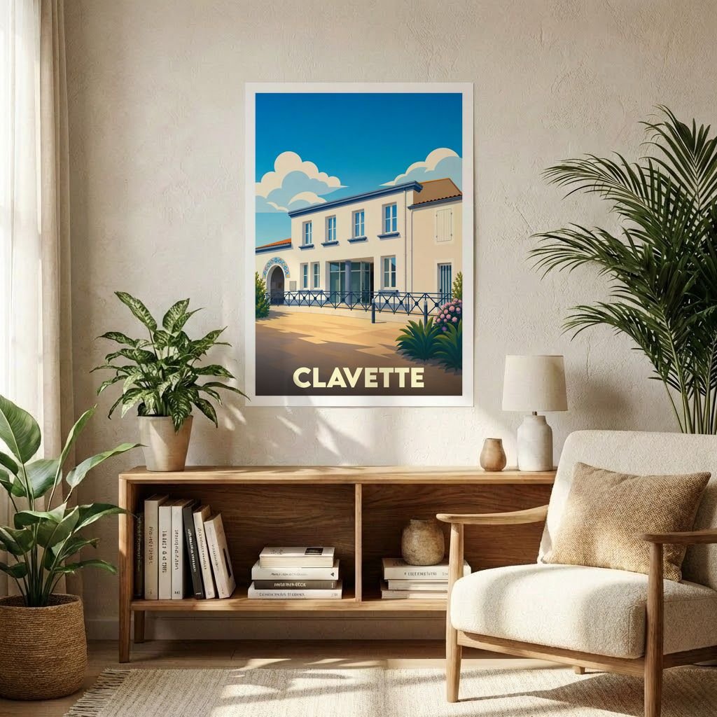 Affiche souvenir de la ville de Clavette avec une illustration stylisée d'un bâtiment sous un ciel bleu.