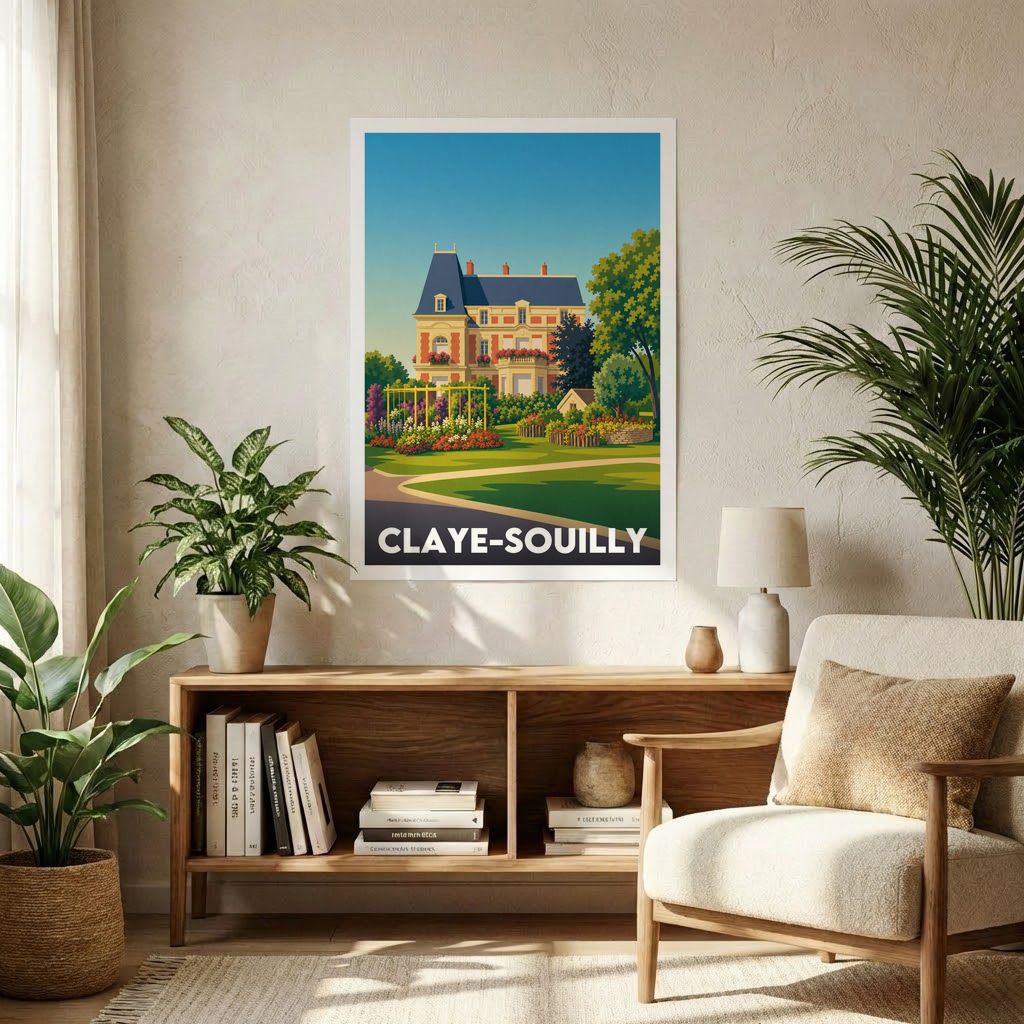 Affiche souvenir de la ville de Claye-Souilly avec une illustration stylisée d'une demeure et de ses jardins.
