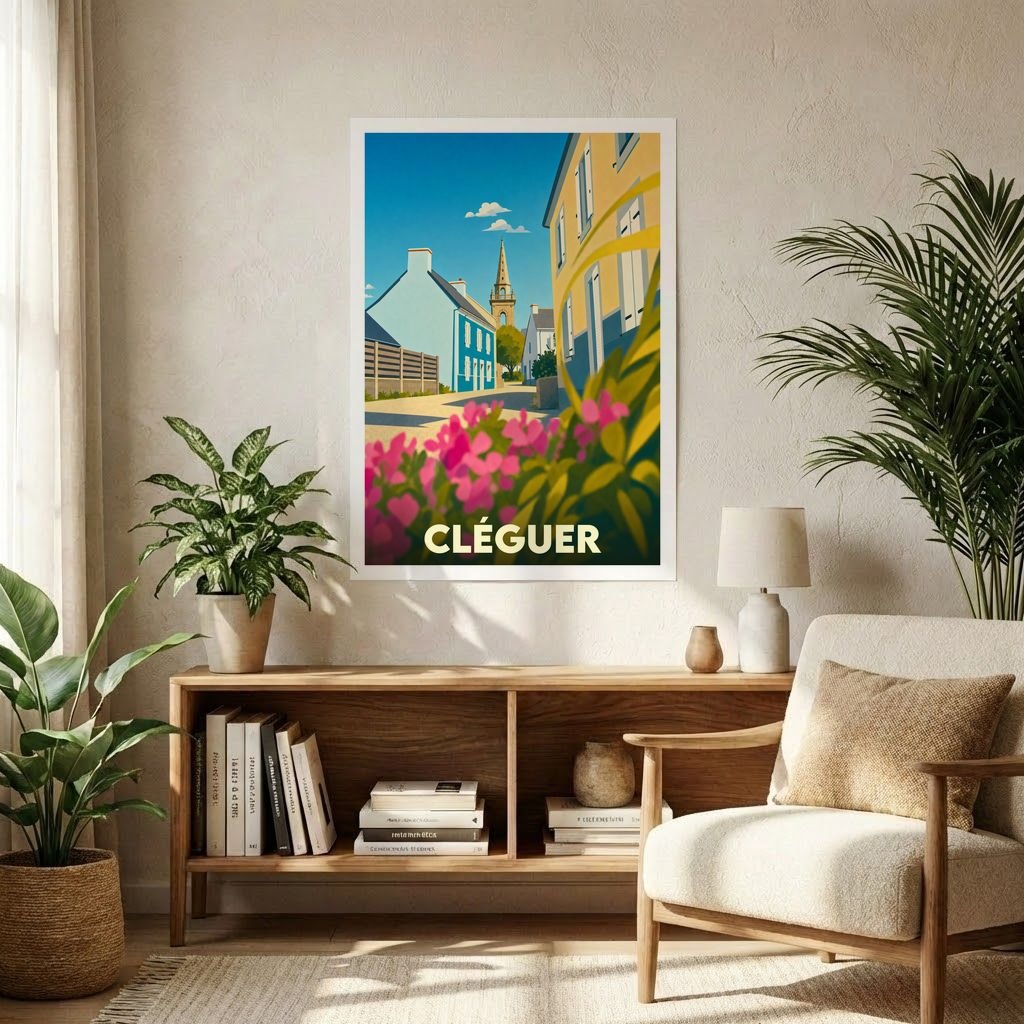 Affiche souvenir de la ville de Cléguer présentant une illustration colorée et stylisée d'une rue pittoresque.