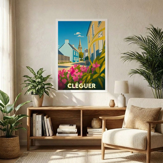 Affiche souvenir de la ville de Cléguer présentant une illustration colorée et stylisée d'une rue pittoresque.