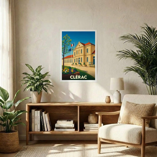 Affiche souvenir de la ville de Clérac avec une illustration stylisée de son hôtel de ville.