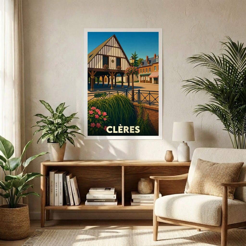 Affiche souvenir de la ville de Clères avec une illustration stylisée de son architecture traditionnelle.