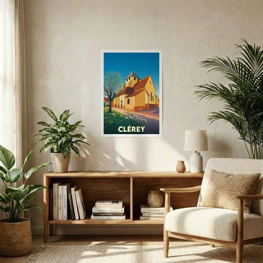 Affiche souvenir de la ville de Clérey avec une illustration stylisée de son église sous un ciel bleu.