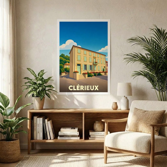 Affiche souvenir de la ville de Clérieux avec une illustration stylisée.