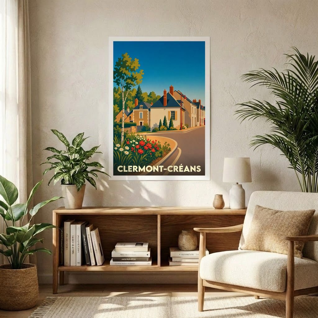Affiche souvenir de la ville de Clermont-Créans avec une illustration stylisée.