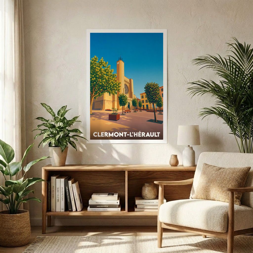 Affiche souvenir de la ville de Clermont-l'Hérault avec une illustration stylisée de son église et de sa place ensoleillée.