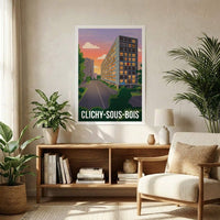 Affiche souvenir de la ville de Clichy-sous-Bois avec une illustration stylisée d'immeubles au coucher du soleil.