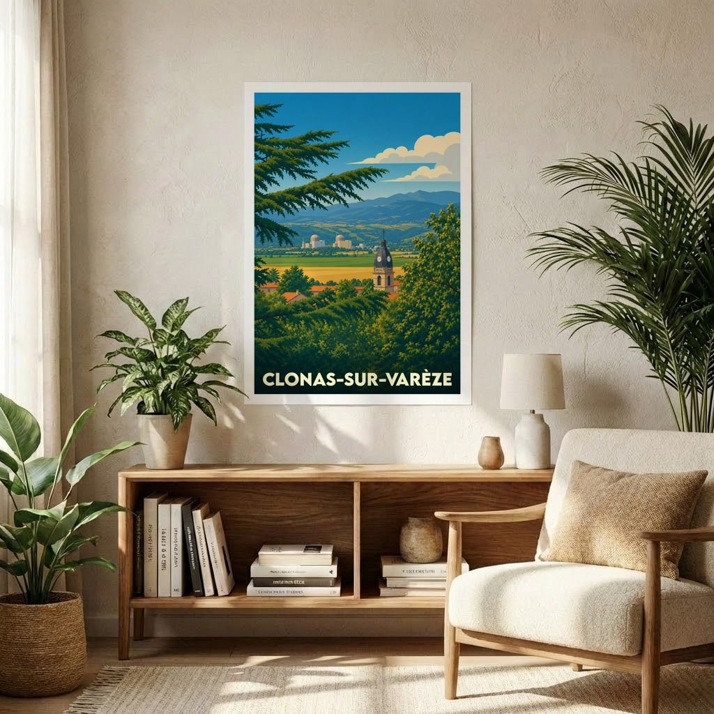 Affiche souvenir de la ville de Clonas-sur-Varèze avec une illustration stylisée de son paysage et de ses monuments.