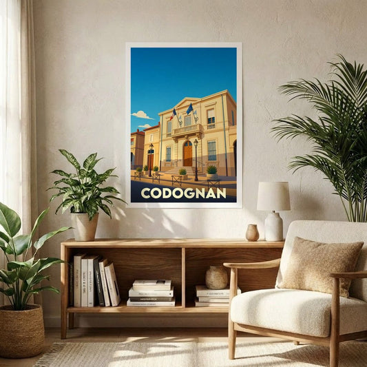 Affiche souvenir de la ville de Codognan présentant une illustration stylisée de son hôtel de ville sous un ciel bleu.