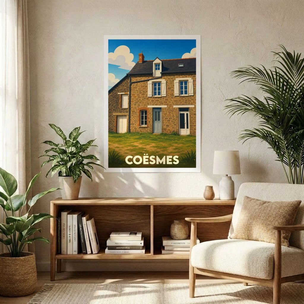 Affiche souvenir de la ville de Coësmes avec une illustration stylisée d'une maison traditionnelle en pierre.