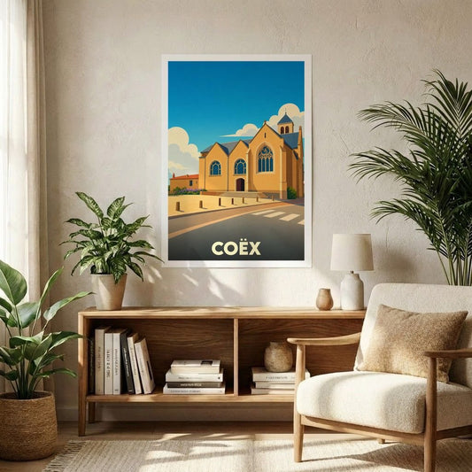 Affiche souvenir de la ville de Coëx avec une illustration stylisée de son église sous un ciel bleu.