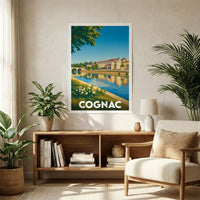 Affiche souvenir de la ville de Cognac présentant une illustration stylisée des bords de la Charente.