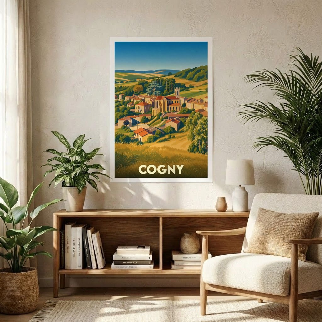 Affiche souvenir de la ville de Cogny avec une illustration stylisée d'un village niché dans des collines verdoyantes.