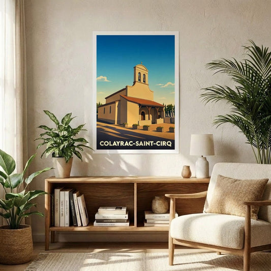 Affiche souvenir de la ville de Colayrac-Saint-Cirq présentant une illustration stylisée de son église sous un ciel azur.