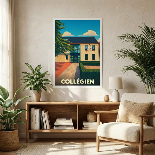 Affiche souvenir de la ville de Collégien avec une illustration stylisée de sa mairie.