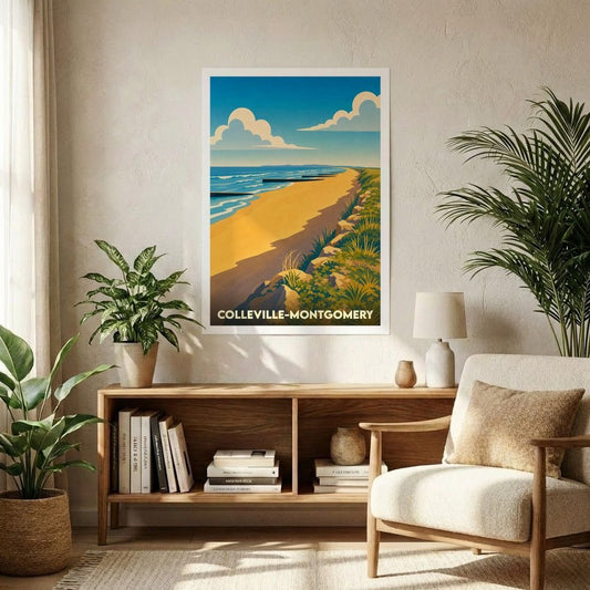 Affiche souvenir de la ville de Colleville-Montgomery avec une illustration stylisée de sa plage.