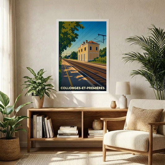 Affiche souvenir de la ville de Collonges-et-Premières représentant sa gare ferroviaire avec une illustration stylisée.