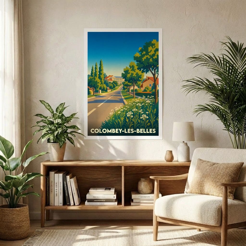 Affiche souvenir de la ville de Colombey-les-Belles avec une illustration stylisée de ses paysages verdoyants.