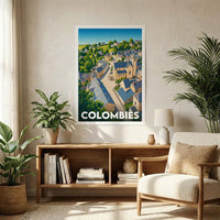 Affiche souvenir de la ville de Colombiès avec une illustration stylisée du village.