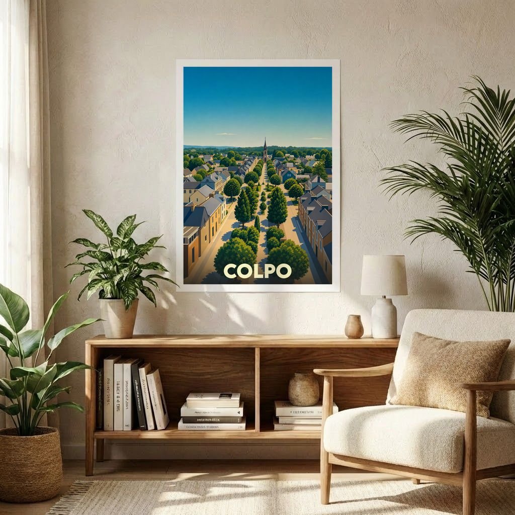 Affiche souvenir de la ville de Colpo représentant une vue aérienne illustrée et stylisée du centre-bourg.