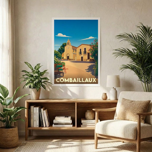 Affiche souvenir de la ville de Combaillaux avec une illustration stylisée et ensoleillée de sa place centrale.