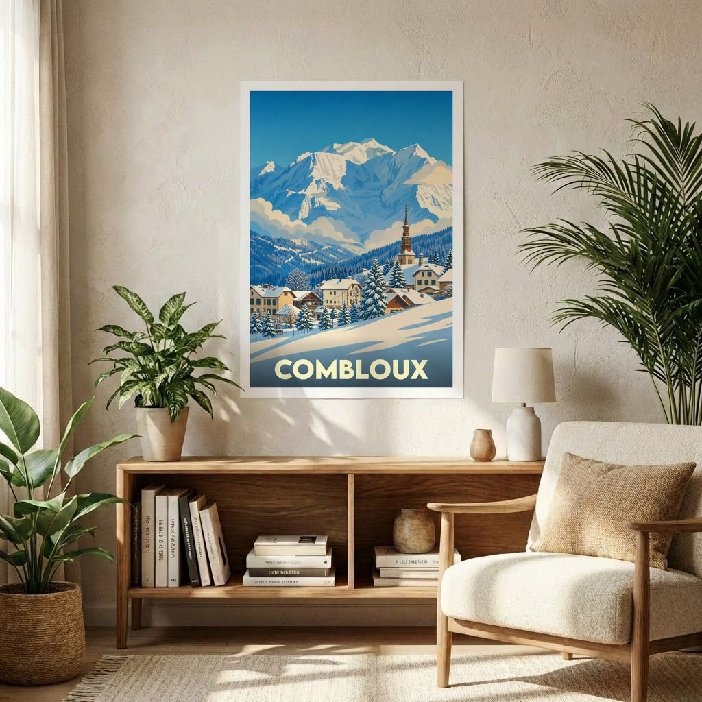 Affiche souvenir de la ville de Combloux représentant un paysage de montagne enneigé avec une illustration stylisée.