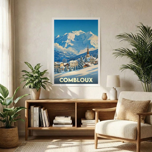 Affiche souvenir de la ville de Combloux représentant un paysage de montagne enneigé avec une illustration stylisée.