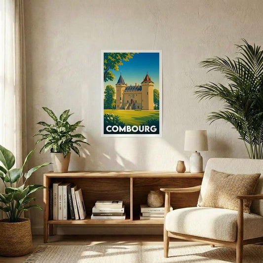 Affiche souvenir de la ville de Combourg représentant son château avec une illustration stylisée.