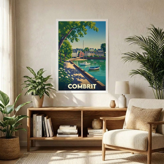 Affiche souvenir de la ville de Combrit présentant une illustration stylisée et colorée de son port.