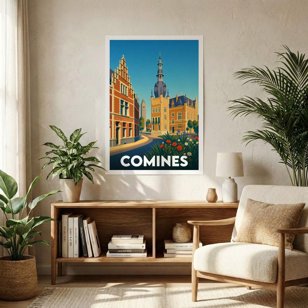Affiche souvenir de la ville de Comines avec une illustration stylisée de son architecture.