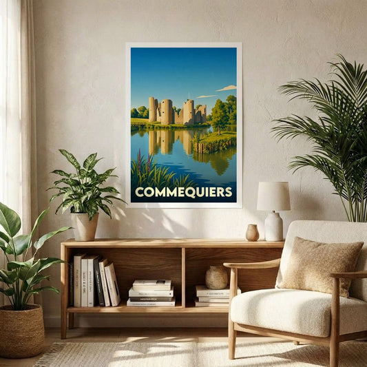 Affiche souvenir de la ville de Commequiers représentant son château médiéval bordé par l'eau dans un style graphique épuré.