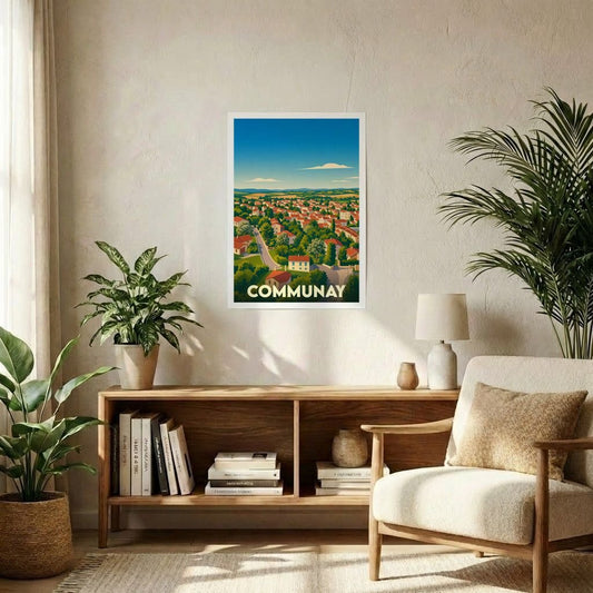 Affiche souvenir de la ville de Communay avec une illustration paysagère stylisée.