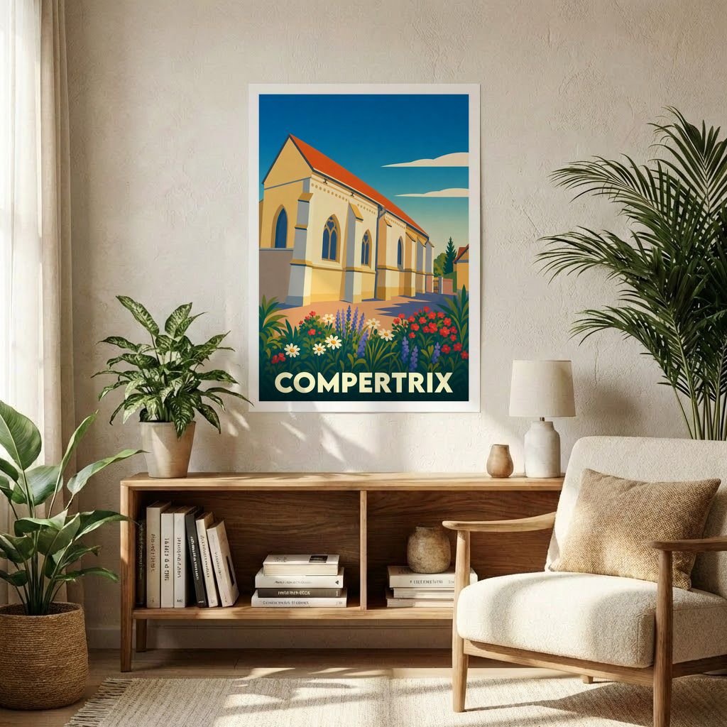 Affiche souvenir de la ville de Compertrix représentant son église dans un style graphique et coloré.