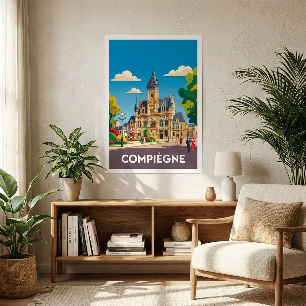 Affiche souvenir de la ville de Compiègne avec une illustration stylisée.