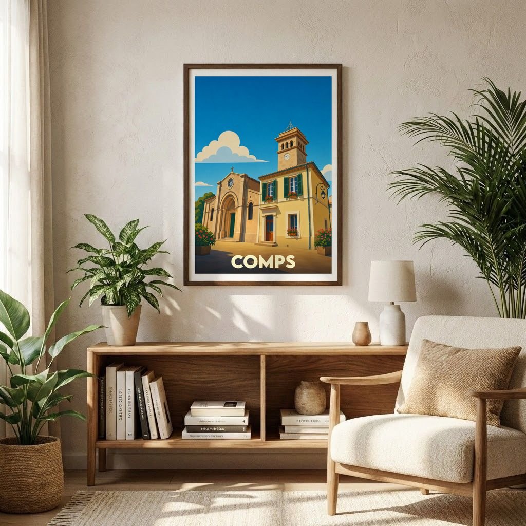 Affiche souvenir de la ville de Comps avec une illustration stylisée de son église et de son architecture typique sous un ciel bleu.