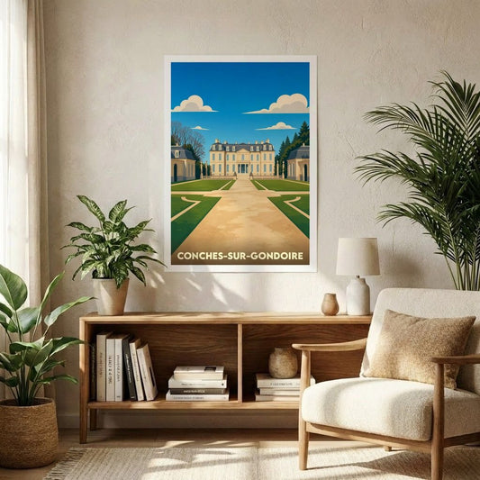 Affiche souvenir de la ville de Conches-sur-Gondoire avec une illustration stylisée de son château et de ses jardins.