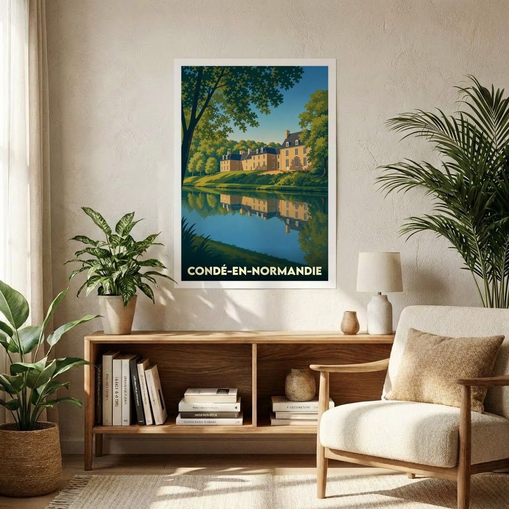 Affiche souvenir de la ville de Condé-en-Normandie illustrant un domaine historique se reflétant dans l'eau.