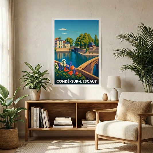 Affiche souvenir de la ville de Condé-sur-l'Escaut avec une illustration stylisée et colorée de ses quais.
