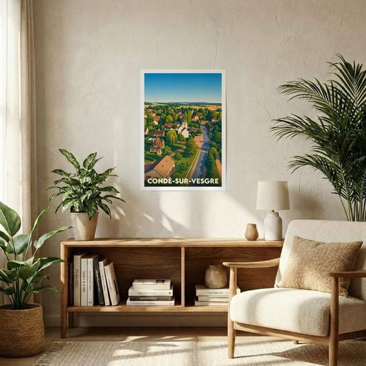 Affiche souvenir de la ville de Condé-sur-Vesgre avec une illustration stylisée d'un paysage urbain verdoyant.