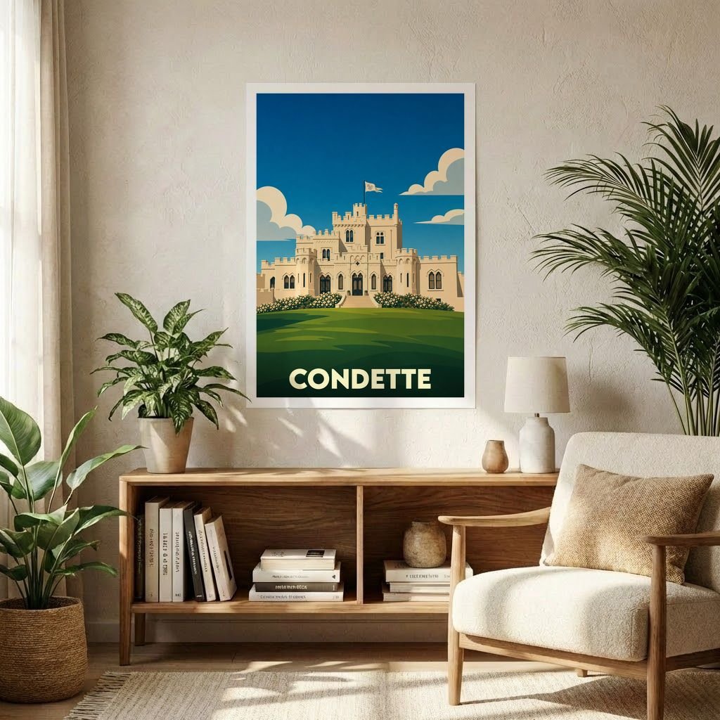 Affiche souvenir de la ville de Condette avec une illustration stylisée de son château.